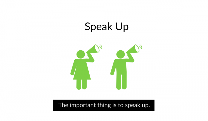 Icon of a woman next to a man each with a loudspeaker under text 'Speak up'