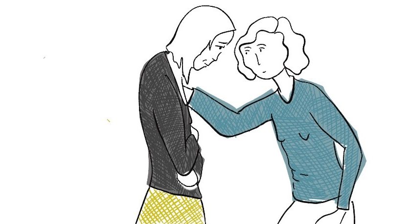 Illustration of a woman looking unwell, and support worker leaning in to check