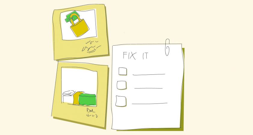 Illustration: of photos and a paper with a list on it and the words fix it